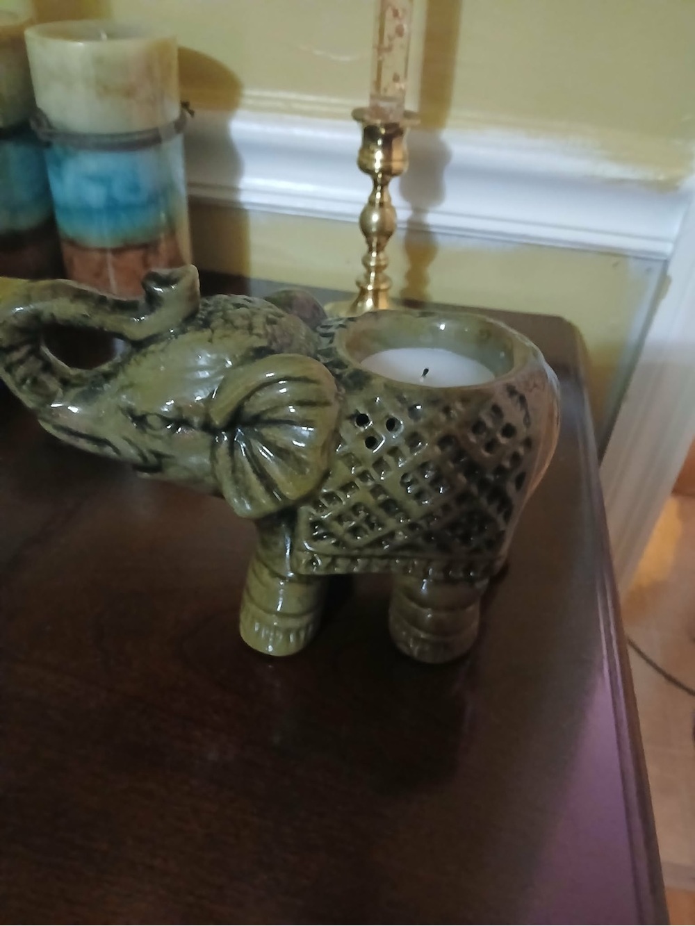 Ceramic Elephant Candle Holder - Olive Green Home Accent